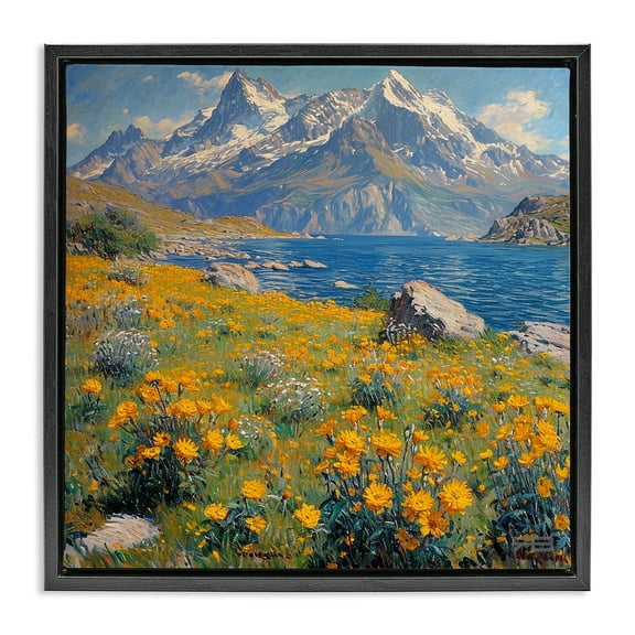 Stupell Industries Mountain Daisy Meadow Landscape & Nature Painting Black Floater Framed Canvas Art Print Wall Art, 18 x 18