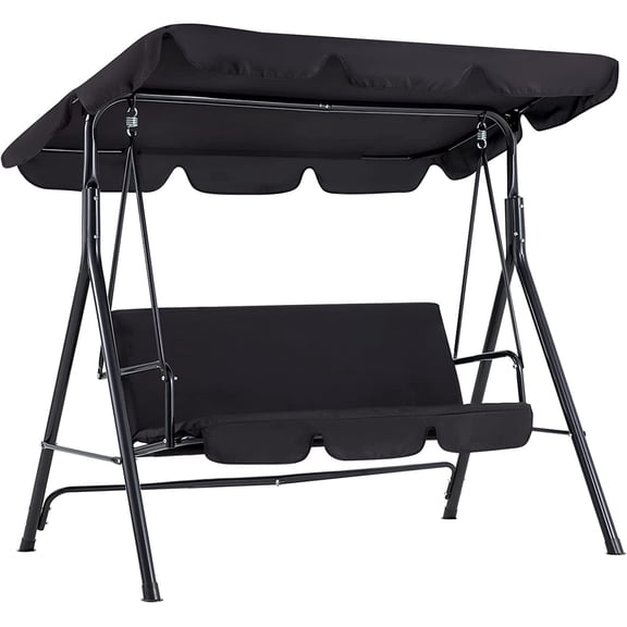 YODOLLA 3-Seat Outdoor Steel Porch Swing with Canopy, Swing Glider-Black, Free Standing Porch Swing