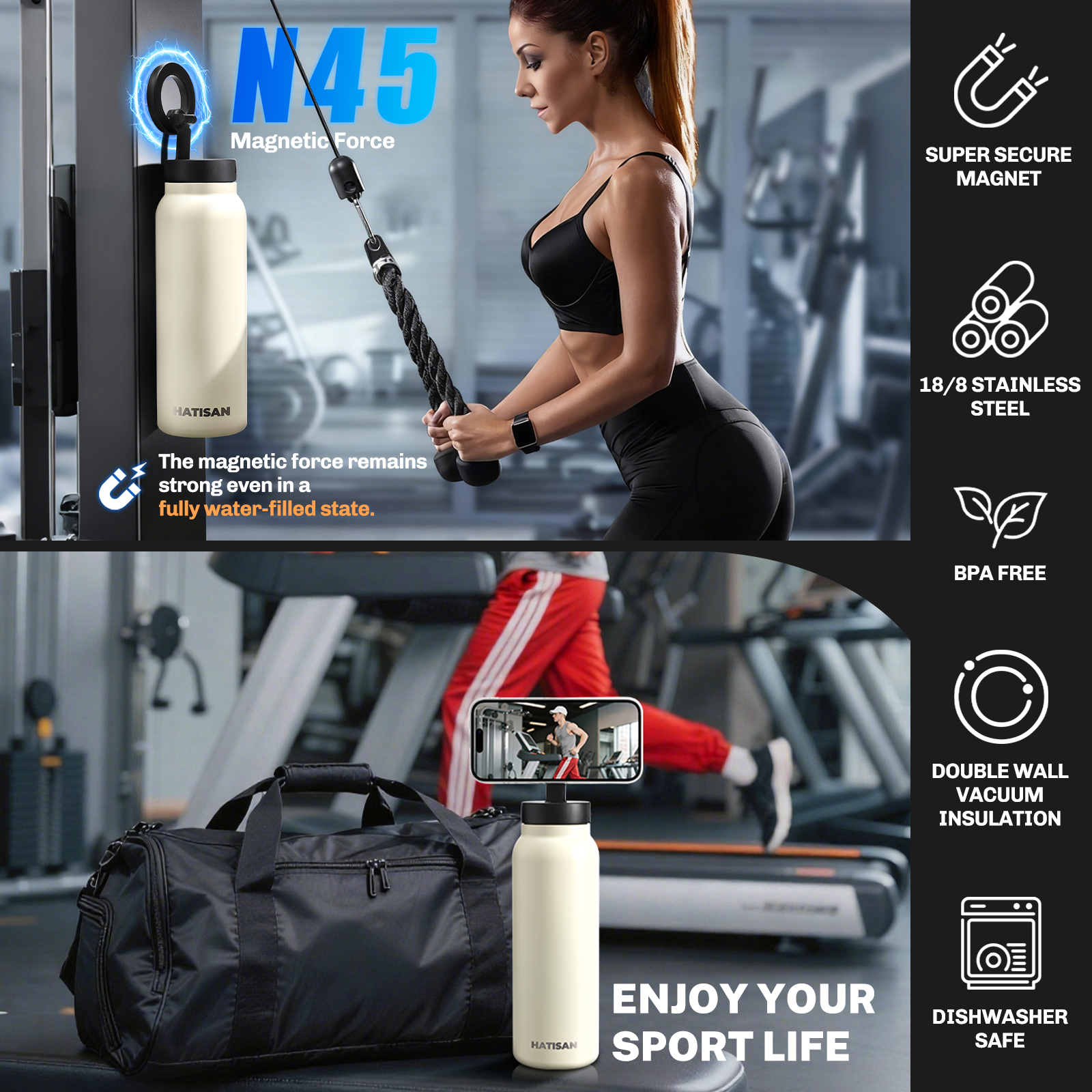 Hatisan 24 oz Insulated Water Bottle, Magnetic Stainless Steel Water Bottle, with Mobile Phone Holder Tripod, Hot for 12H, Cold for 24H(Beige)