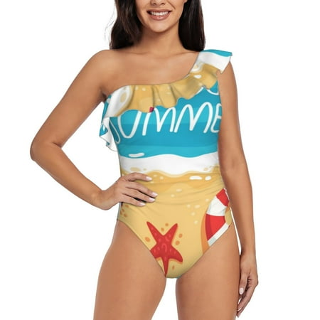 Zufioo Hello Summer1 Print One-shoulder Ruffled One-piece Swimsuit  High Elastic Integrated Removable Chest Pad Swimsuit Suitable for Beach  Pool and Vacation-X-Large
