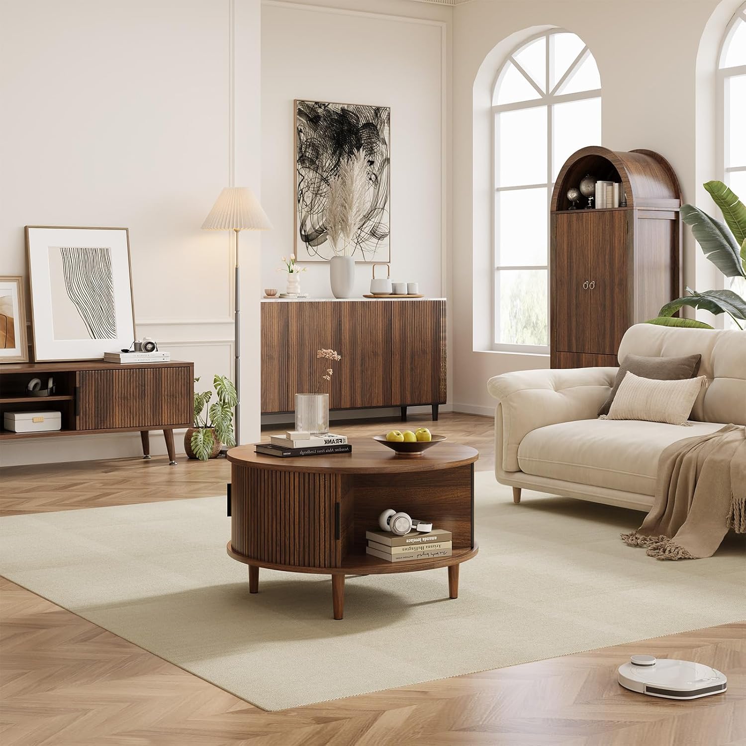 SELOOYE Mid Century Round Coffee Table, Fluted Center Table with Sliding Door, Modern Dining Table with Storage for Home Living Room Office, 31.5", Walnut