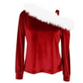 thumbnail image 7 of Christmas Velvet Tops Womens Cold Shoulder Party Festive New Year Outfits White Furry Trim Long Sleeve Blouses (XL, Red), 7 of 7
