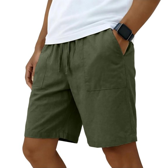 Domuza Men's Linen-Cotton Casual Shorts – Classic Fit Summer Beach Shorts with Pockets Army Green L