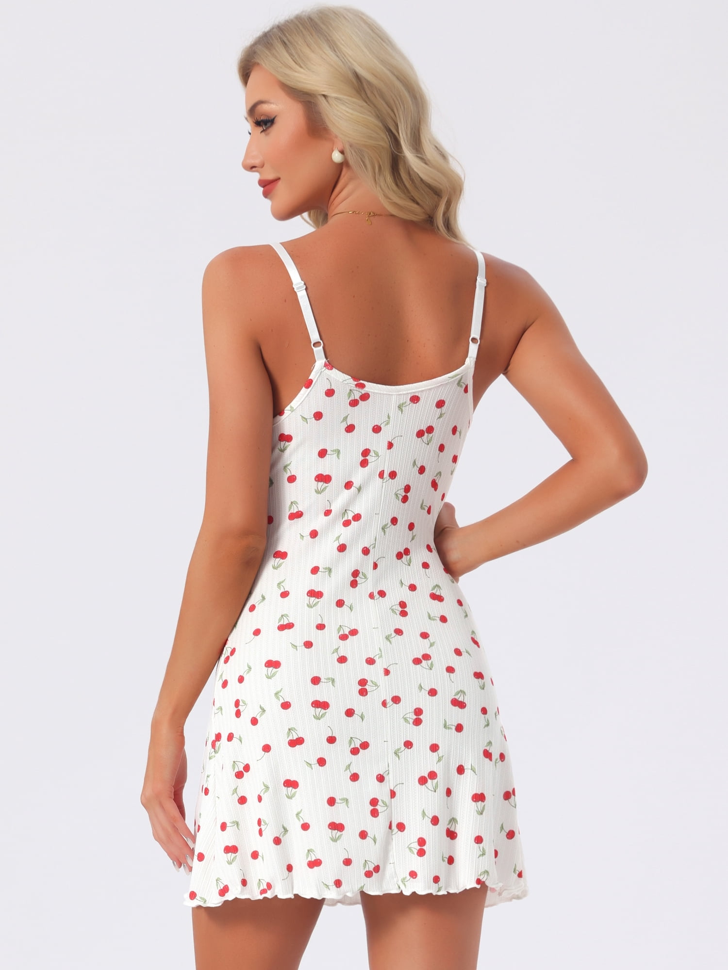 DARING DIVA Women's Ribbed Cute Print Bow Ruffle Hem Sleeveless Nightgowns S Cherry