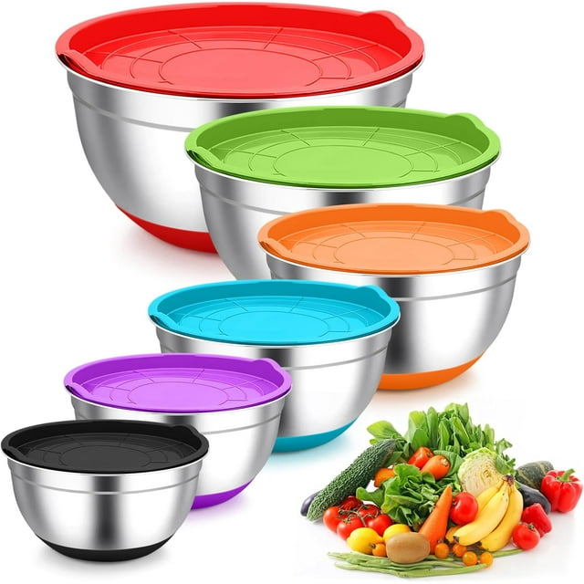 Cuencos para mezclar de acero inoxidable con tapas, cuencos para ensaladas anidadas con tapas herméticas y parte inferior antideslizante, aptos para lavaplatos y apilables, juego de 6
