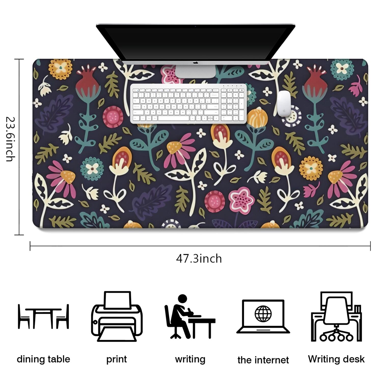 Long Mouse Pads for Desk,Pioneer Flower Floral Print Pattern Desk Mats on Top Of Desks, Desk Mouse Pad Extra Large with 3mm Non-Slip Base and Stitched Edge for Gaming,Office,Work,Home 47.3"x23.6"