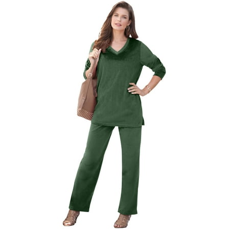 Roaman's Women's Plus Size Velour Jogger Set - 30/32, Midnight Green