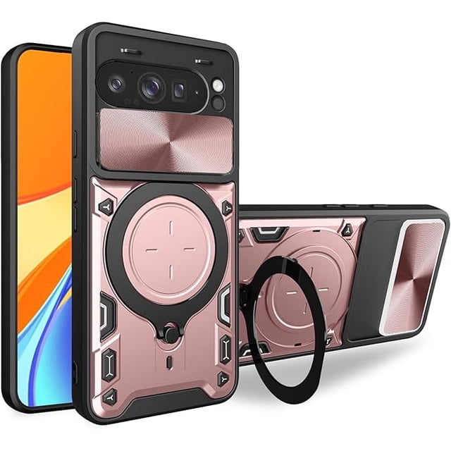 KOMI Case for Google Pixel 9a with Rotatable Kickstand, Military Grade Shockproof Protective Phone Case with Slide Camera Cover for Google Pixel 9a Rose Gold
