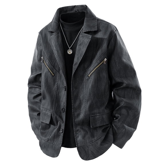 Gfyviroh Leather Jackets for Men Button Front Long Sleeve Jackets Casual Trendy Lapel Pockets Blazer Jackets