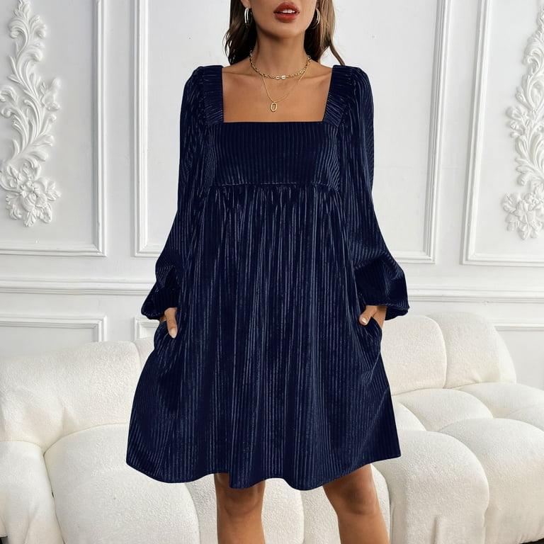AKOEE Women's Velvet Dress with Pockets Square Neck Long Sleeve Tie Back Mini Babydoll Dress Christmas Party Outfits (2xl, Navy), Blue