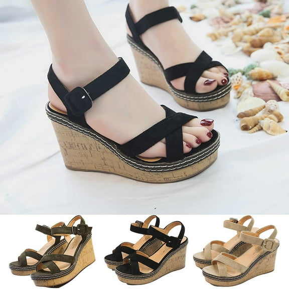 Fesfesfes Wide Wedges For Women's New Summer Fashion Wedge High Heels Buckle Suede Sandals Ladies Shoes 6(37)