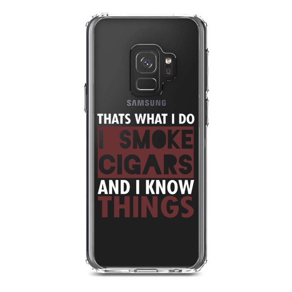 DistinctInk Clear Shockproof Hybrid Case for Samsung Galaxy S9 (5.8" Screen) - TPU Bumper Acrylic Back Tempered Glass Screen Protector - I Smoke Cigars And I Know Things