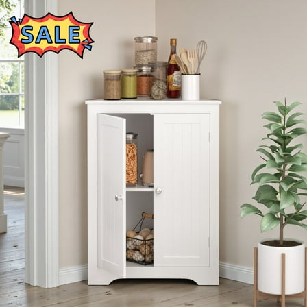 Tcbosik Floor Corner Cabinet with 2 Doors, Free Standing Storage Cabinet with Adjustable Shelf for Bathroom, Kitchen, Living Room, White