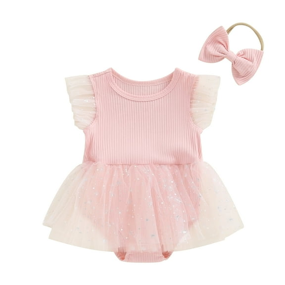 Musuos Baby Girl 2Pcs Summer Outfits 0-18Months Glitter Print Fly Sleeve Romper Tulle Dress with Headband Set Cute Clothes