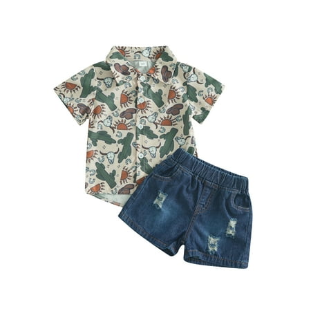 

wybzd Kids Boys 2Pcs Summer Casual Outfits Cactus Bull Head Print Short Sleeve Button Up Shirt and Ripped Denim Shorts Set