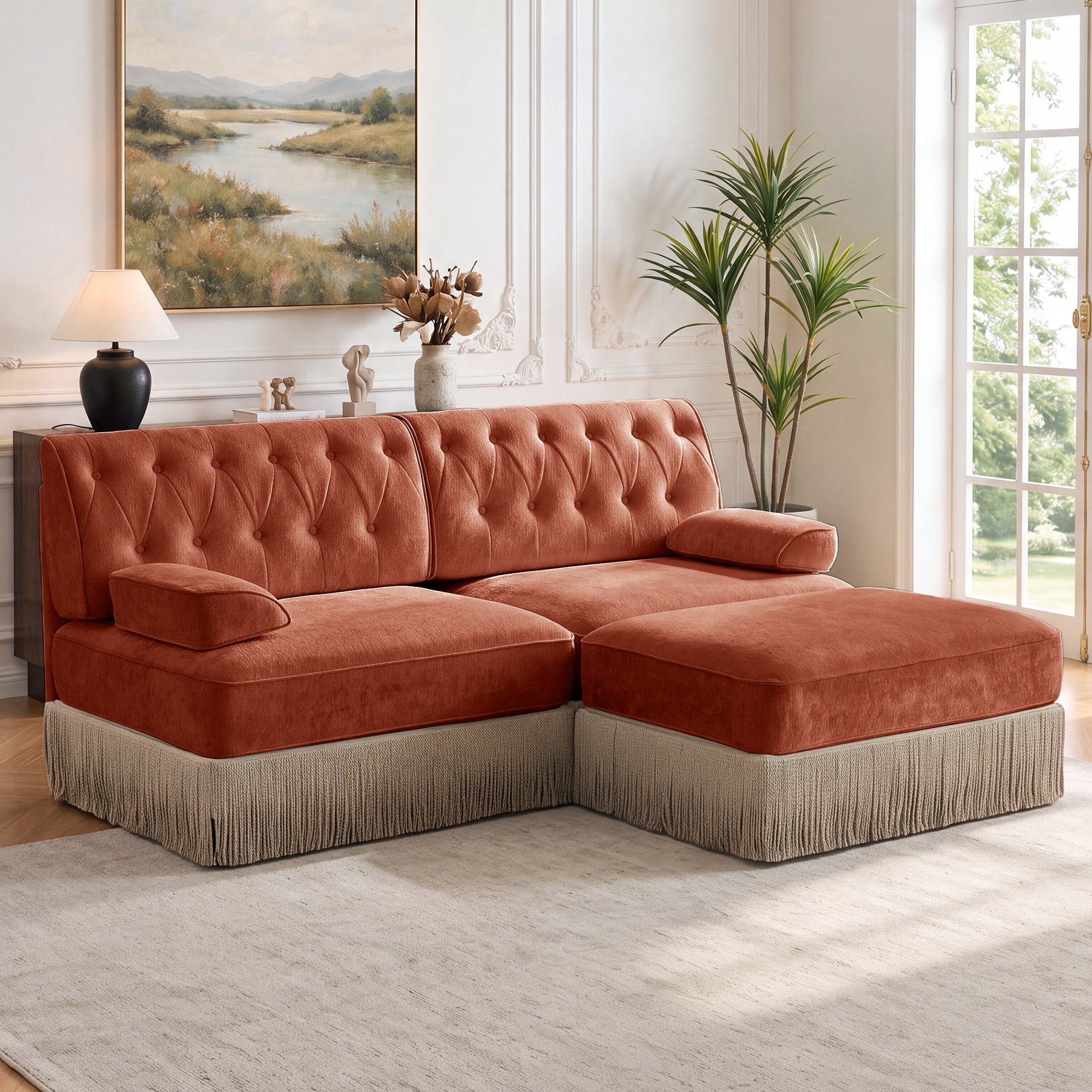 76.6" Chesterfield L-Shaped Modular Sectional Loveseat Sofa Set with Ottoman and Tassel Skirt, Easy to Assemble