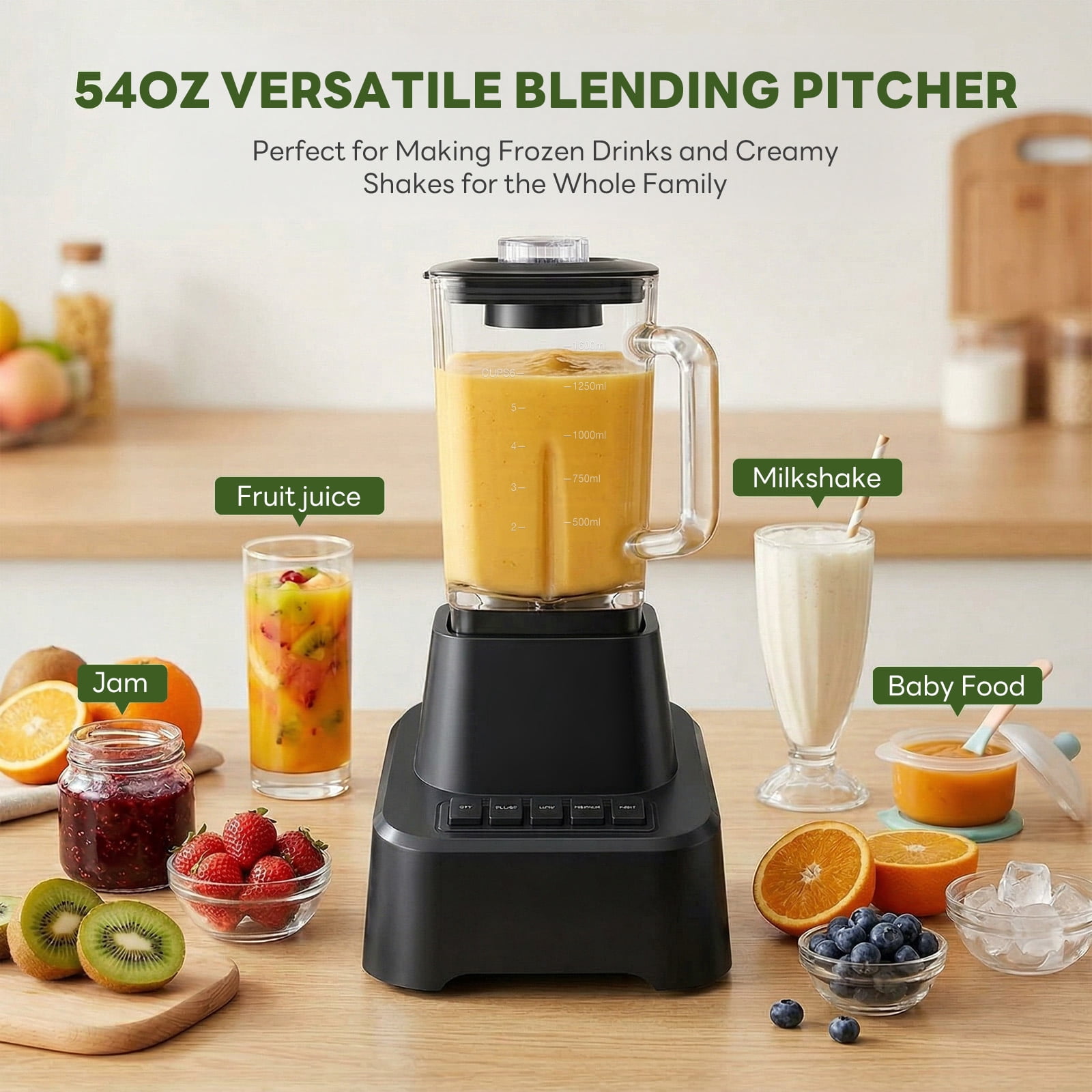 CONCETTA Professional Smoothie & Food Processing Blender, 1100W Motor, 3 Preset Functions for Frozen Drinks, Smoothies & Sauces, Large Pitcher with To-Go Cups,Black