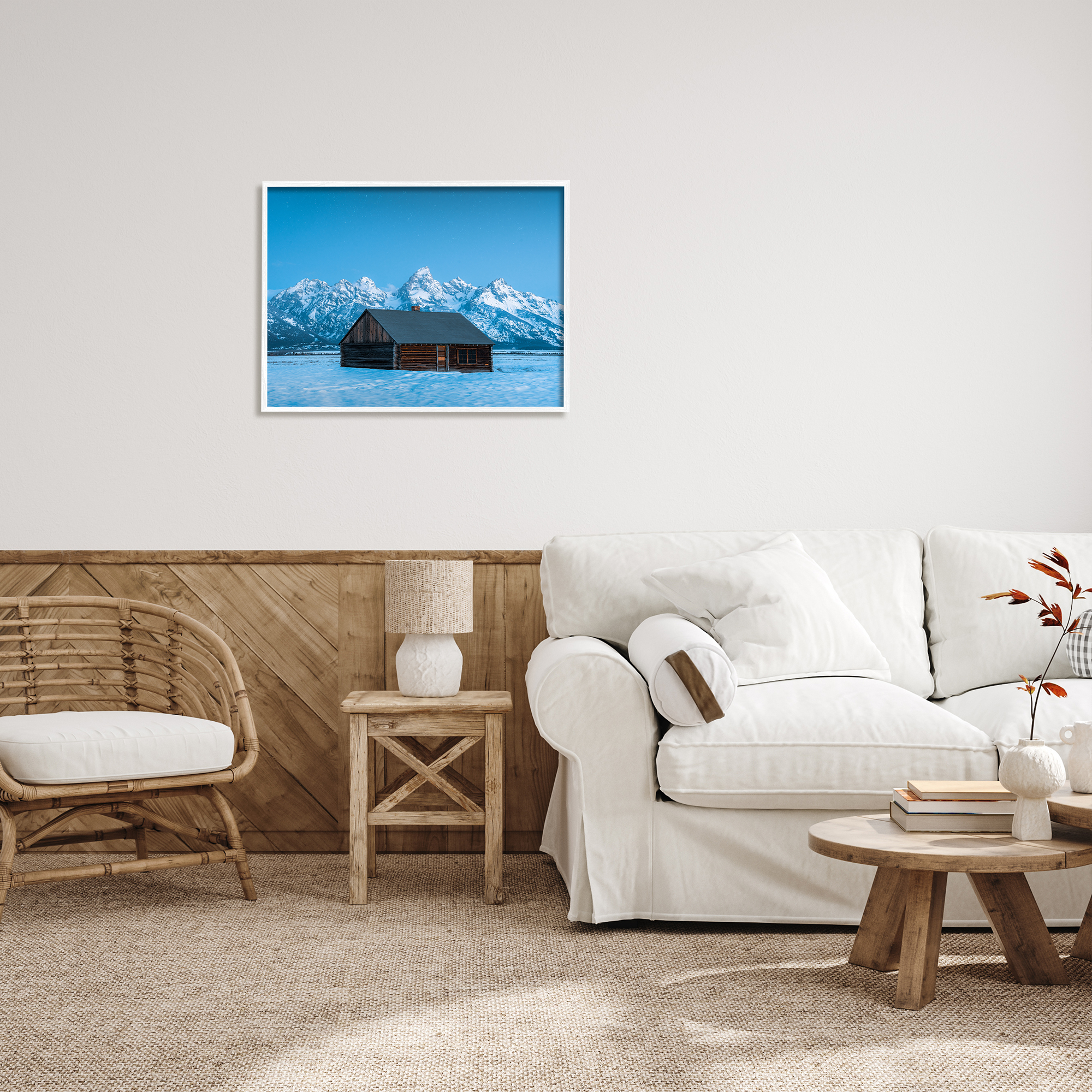 Stupell Industries Log Cabin Mountain View Landscape Photography White Framed Art Print Wall Art, 30 x 24