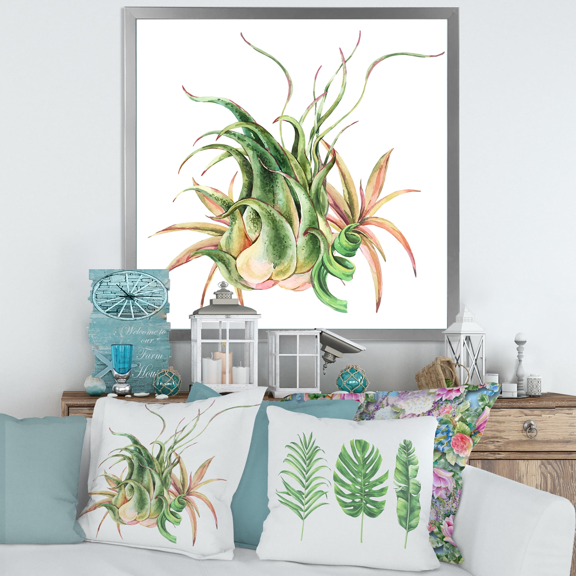 Designart 'Tropical Leaves Air Plant Succulent On White' Farmhouse Framed Art Print