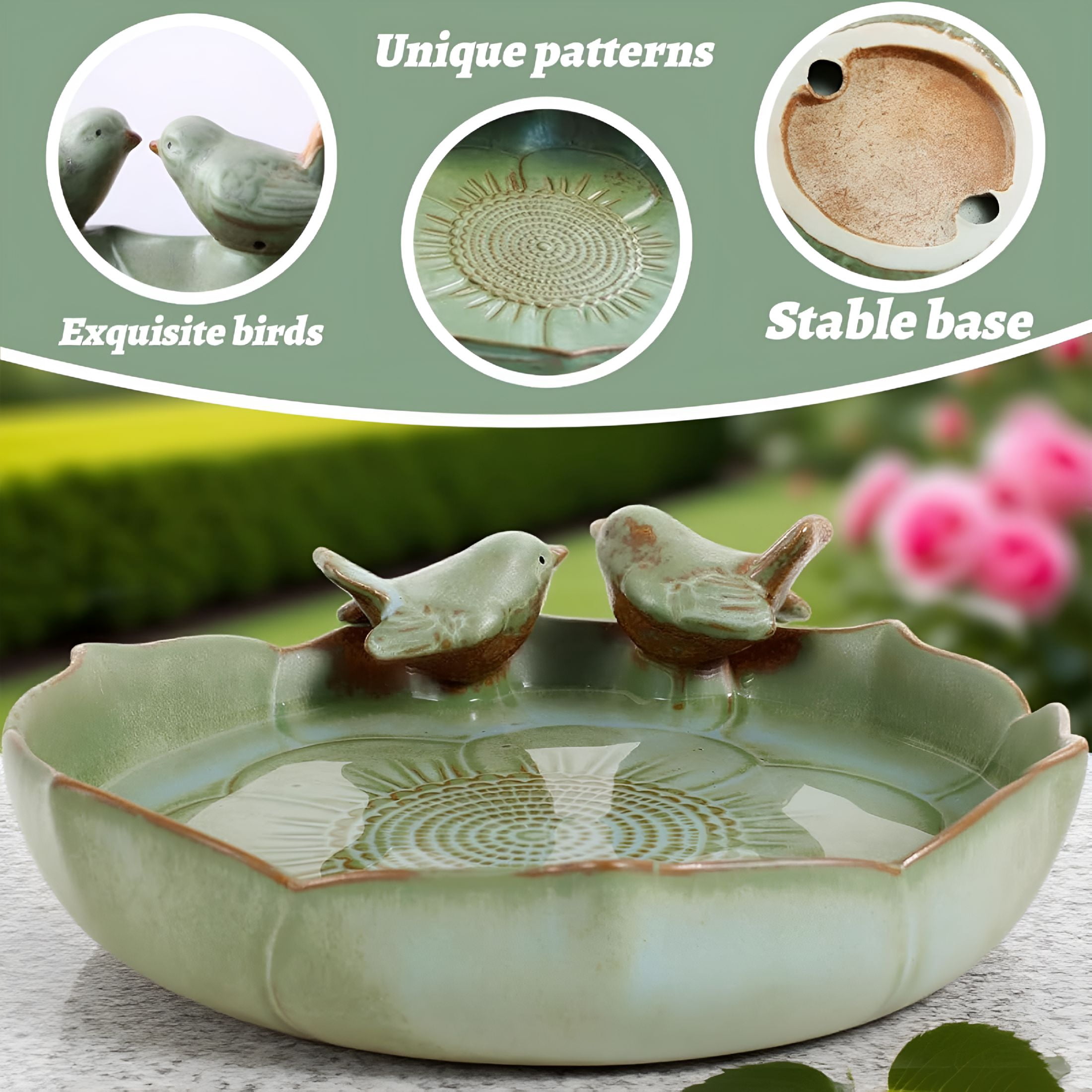 ACDANC Green Ceramic Bird Bath Bowl-9.45-Inch Ceramic Bird Baths for Outdoors,Durable Ground Bird Bath Bowl Ideal for Garden,Tabletop,Deck,Balcony&Lawn Use