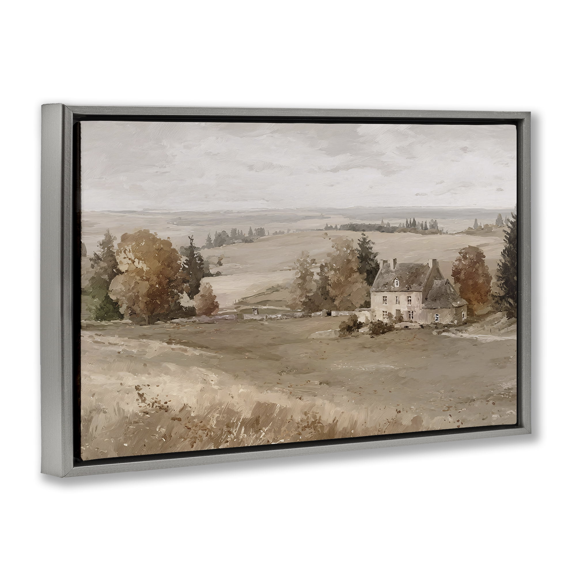 Stupell Industries Quaint Cottage in Countryside Gray Framed Floater Canvas Wall Art, design by Jacky Ngan