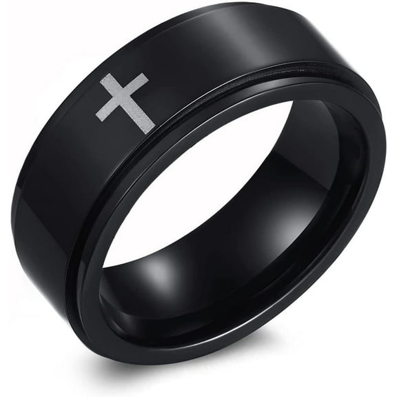 Spinner Cross Rings for Men, Silver/Black Anxiety Fidget Rings Men, Mens Rings Stainless Steel for Stress Relieving, Promise Ring for Women Size 7-12
