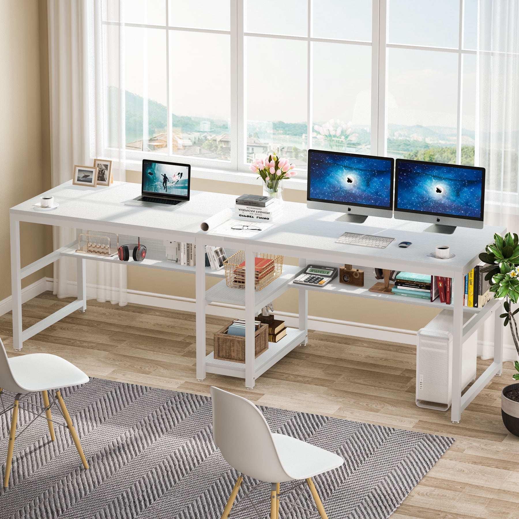 Tribesigns Two Person Desk with Bookshelf, 78.7 Computer Office Double Desk for Two Person, Rustic Writing Desk Workstation with Shelf for Home Office (White)