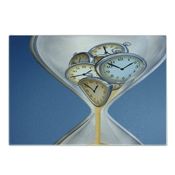 Clock Cutting Board, Hourglass Time Clocks with Sand Pattern for Home a Vintage Design Print, Decorative Tempered Glass Cutting and Serving Board, Small Size, Blue and Sand Brown, by Ambesonne