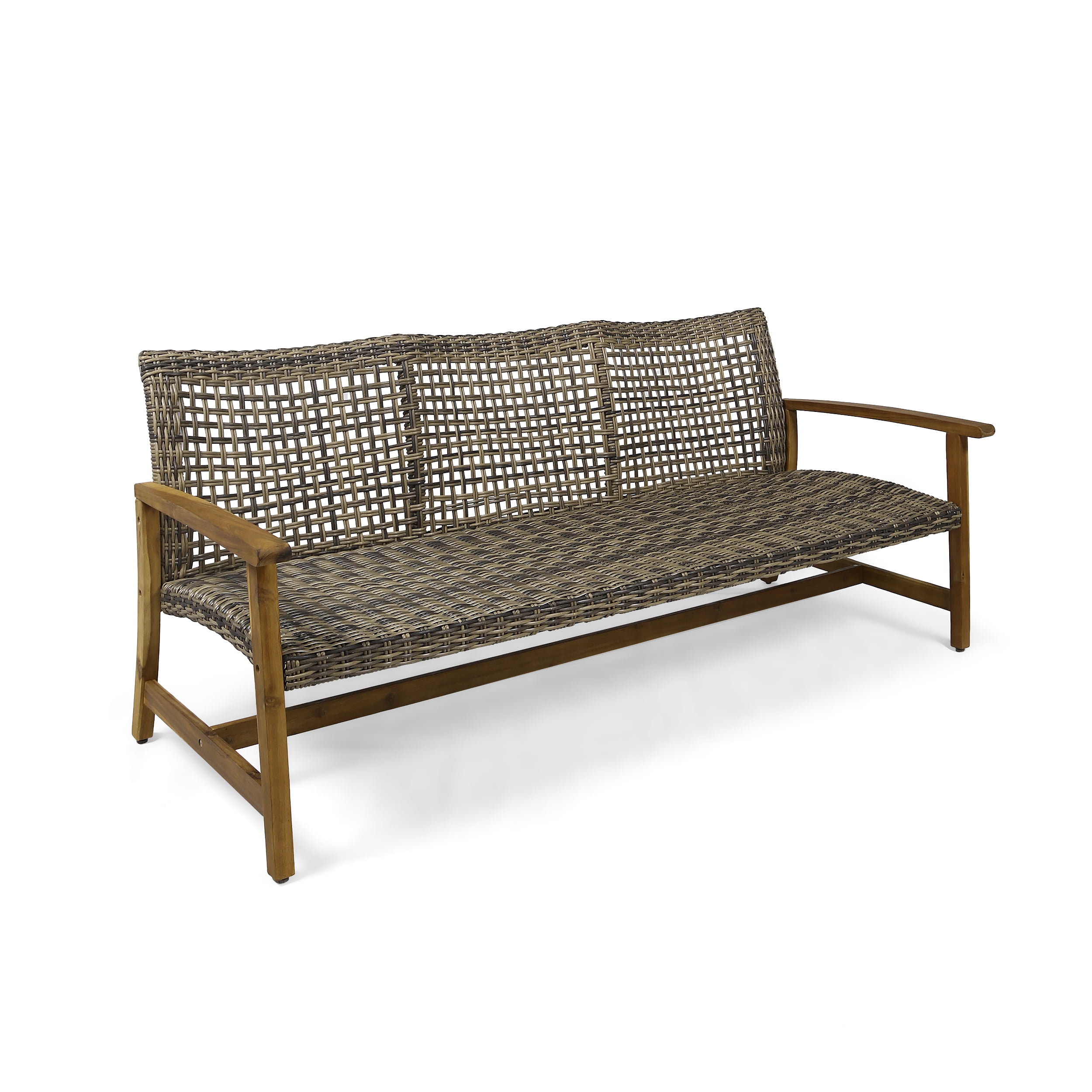 Outdoor Wood Woven Combined 3 Seater Sofa, Large Leisure Couch for Patio Garden, Teak and Brown