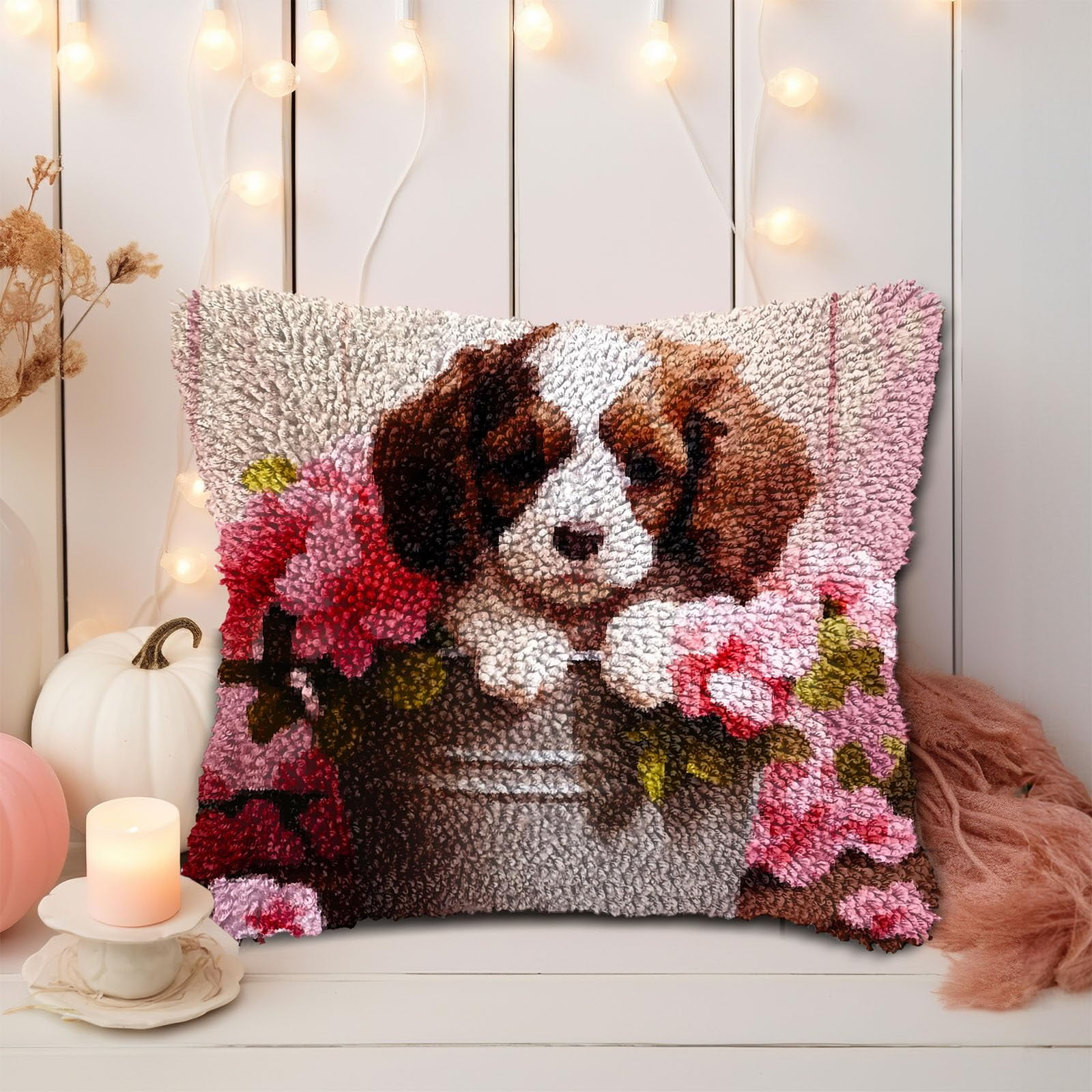 Puppy Bernese Mountain Dog in Bucket DIY Latch Hook Pillow Kits for Adults Printed Pillowcase Crochet Yarns Hooking Handmade Pillow Cover Cushion for Home Sofa Decoration 17x17inch