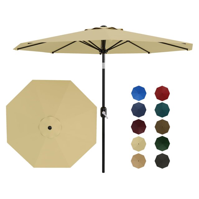 QinaQin Parasol de Patio de 10 Pieds, Parasol de Marché Extérieur pour Table, 8 Nervures Robustes, Inclinaison à Bouton, Réglage de Manivelle, Protection Uv, Imperméable