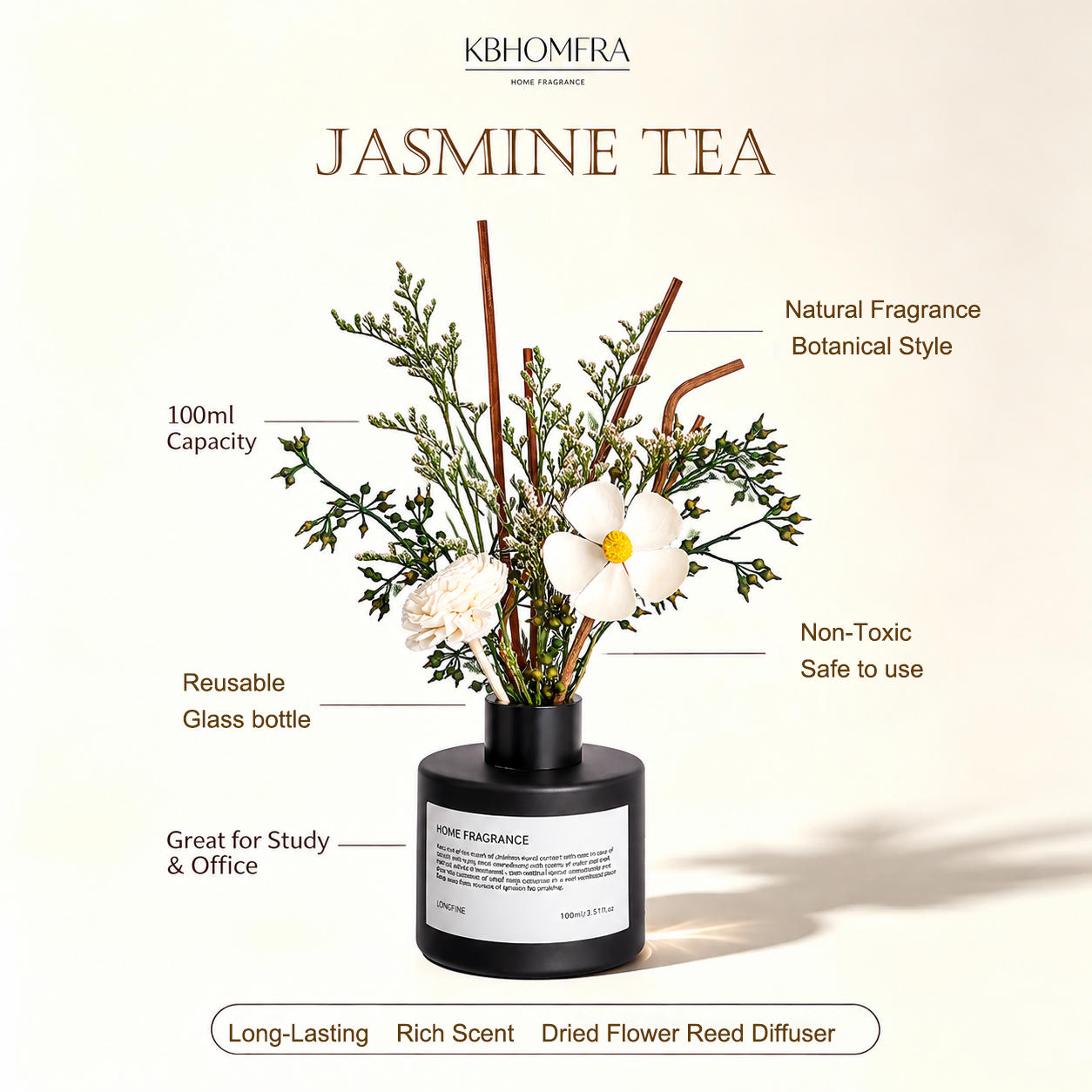 Kbhomfra Jasmine Tea Reed Diffuser, 3.38 fl oz photo 3