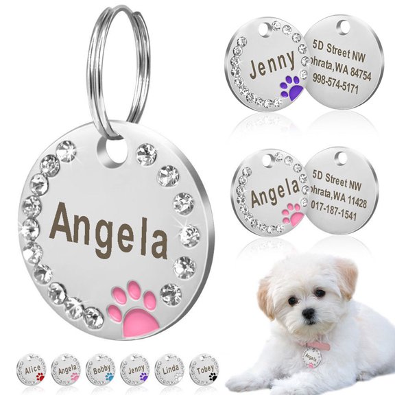 Naierhg 2Pcs 25mm Metal Blank Dog Tag Paw Rhinestone Pet Cat ID Name Engraved Key Ring Chain