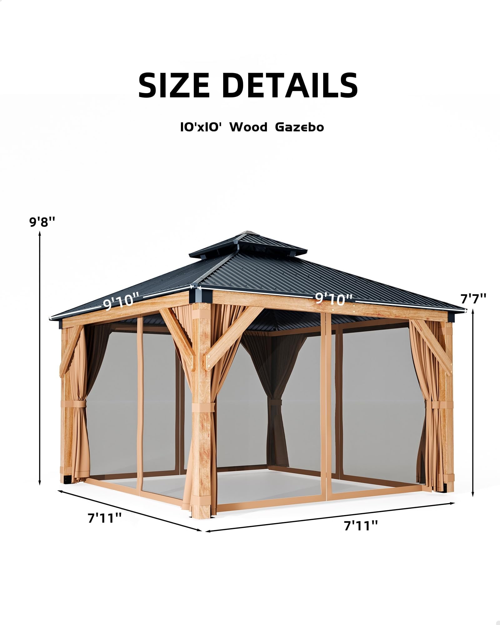 Outdoor living10x10ft Hardtop Gazebo Double Roof Canopy Wood, 4-Post Wooden, Curtain&Netting,Permanent Gazebo Pavilion