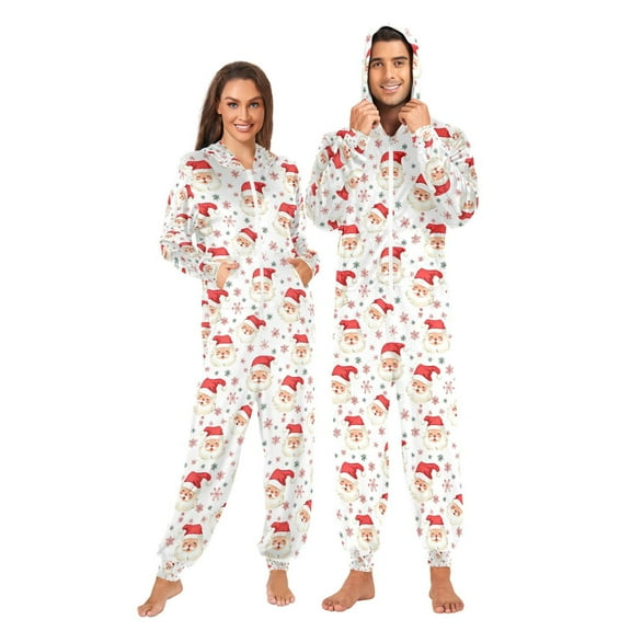 Adult Christmas Onesie Santa Claus Face Snowflake Pattern Zipper One-Piece Pajamas Unisex with Pockets