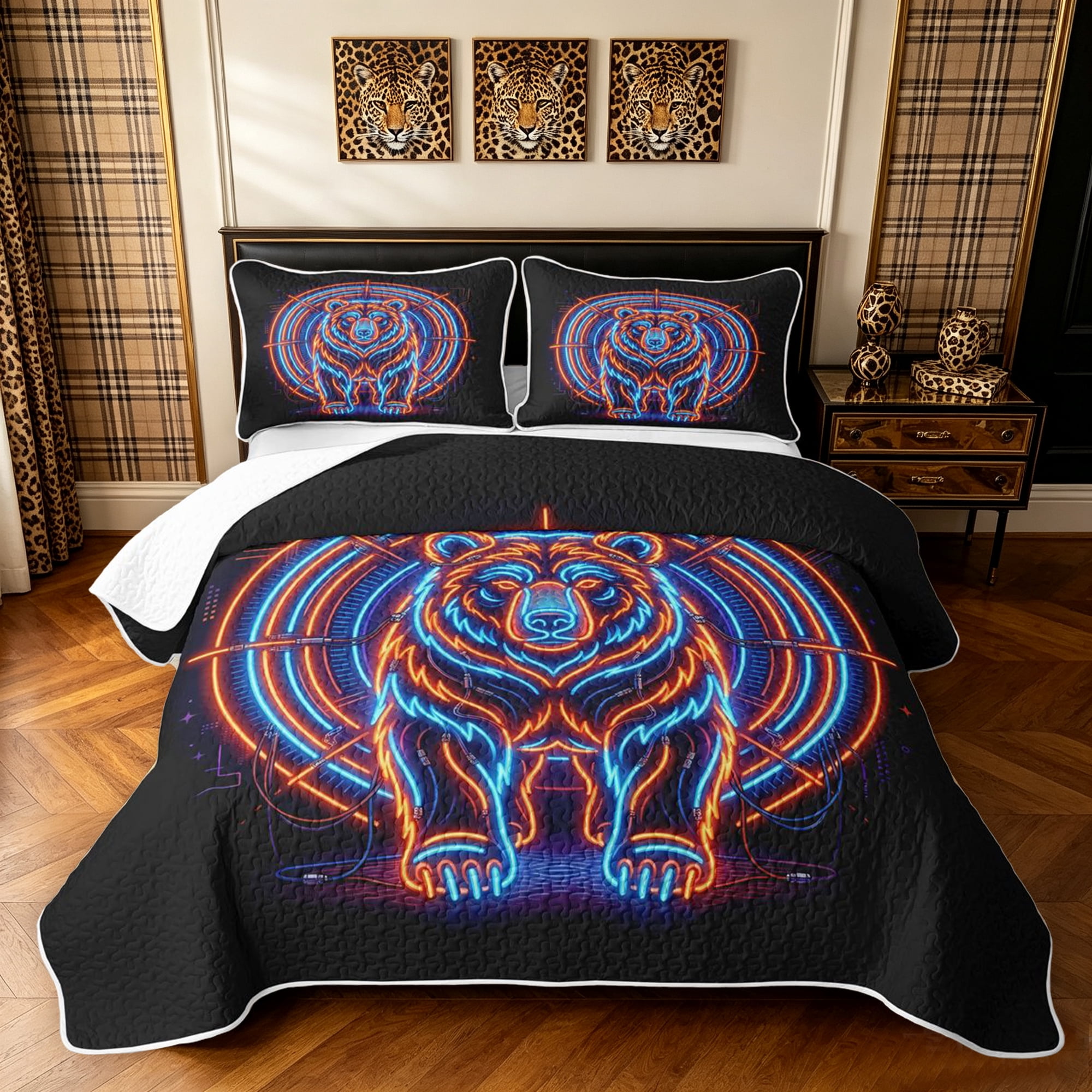 Manfei Neon Rustic Bear Quilt King Cartoon Wildlife King Coverlet Set Burgundy Blue Black Reversible 3pcs 1 Bedspread and 2 Pillowcases
