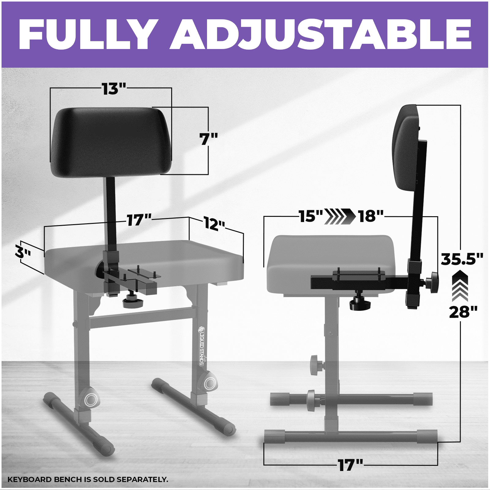 Liquid Stands Adjustable Backrest ONLY for Piano Keyboard Bench MS1083 and MS1086 - Music Keyboard Bench Seat for Keyboard Stand Musicians Piano Stool Chair - Backrest Only