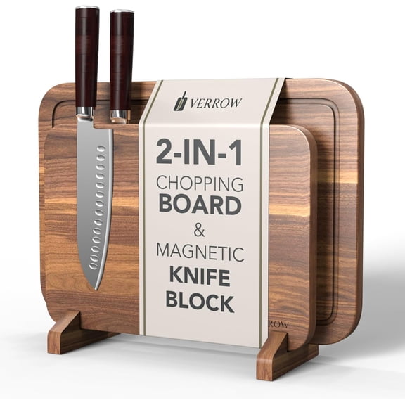 Magnetic Knife Block with Acacia Wood Cutting Board - Extra Large 15.5x10.5x0.75In Magnetic Knife Block Set with Chopping Board Knife Holder Charcuterie Display Storage Organizer for Kitchen Counter