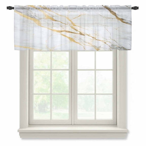 Marble White Gold Valance Curtains for Kitchen/Living Room/Bathroom/Bedroom Window, Rod Pocket Small Topper Half Short Window Curtains Voile Sheer Scarf, Modern Marbles Geometric 60"x18"