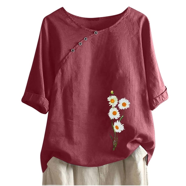 Blusas de Manga Corta para las Mujeres Impresas Cuello Redondo Camiseta Casual, Blusa de Algodón de Imitación para las Mujeres