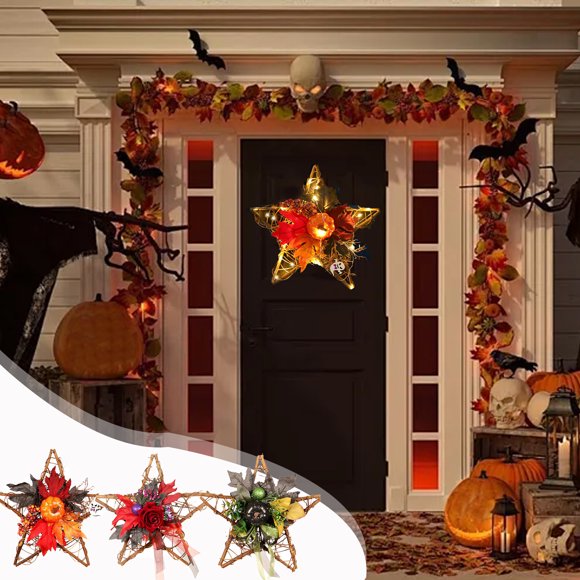 Fiudx Corona de Halloween con Diseño de Pentagrama de Madera, Luces Led y Flores Artificiales, Decoración para Acción de Gracias y Navidad, Temática de Hoja de Arce y Calabaza Multicolor, 30 X 30 Cm.