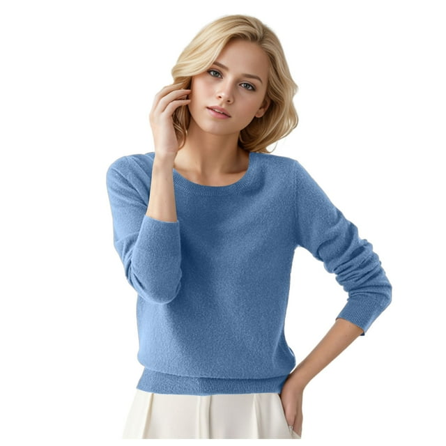 Tiweut Chandails pour Femmes Col Rond Manches Longues Chandail Chandail Couleur Unie Coupe Ample Chaud Hauts Réguliers Bleu Ciel,2TG