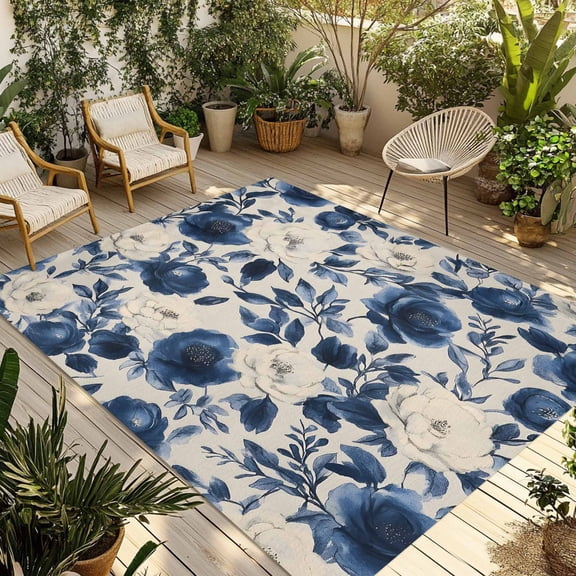 Fsddascl Navy Blue Beige Peony Outdoor Rug for Patio/Deck/Porch, Non-Slip Large Area Rug 5 x 8 Ft, Vintage Floral Blossom Botanical Indoor Outdoor Rugs Washable Area Rugs, Camping Rug Carpet