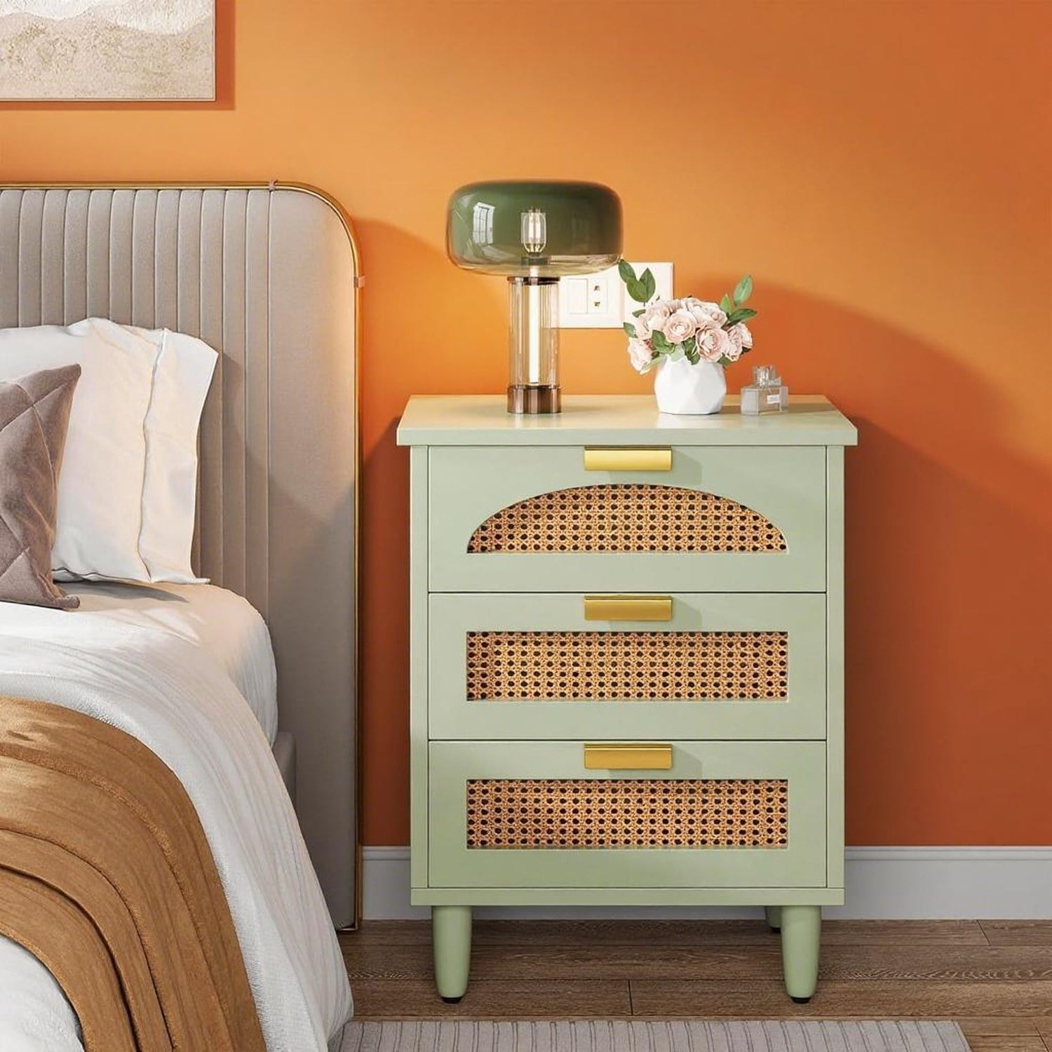 Astoutdoor Bedside Table with 3 Drawers, Engineered Wood, Mint Green, 22.83 in L x 18.90 in W x 7.87 in H