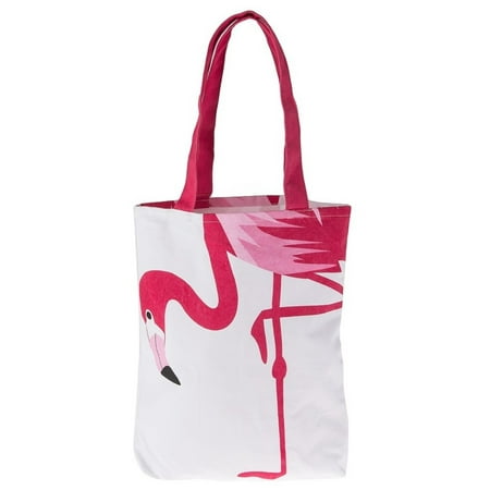 Midwest-CBK - Bright Hot Pink Flamingo on White Cotton Tote Shopping Bag 15 Inches - www.waldenwongart.com