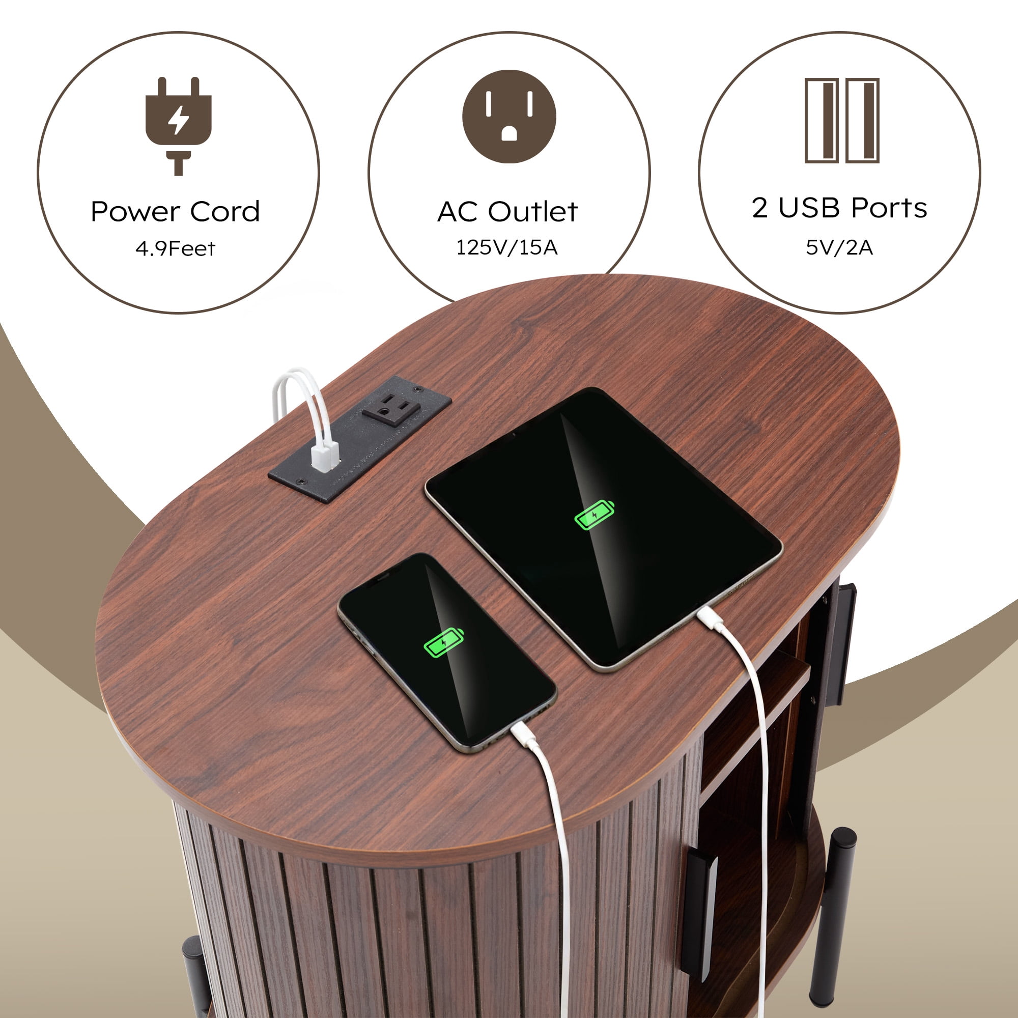 Ebello Nightstand with Built-in Charging Station, Modern Oval End Table with Storage, Sliding Door & Raised Base for Bedroom and Entryway, Walnut