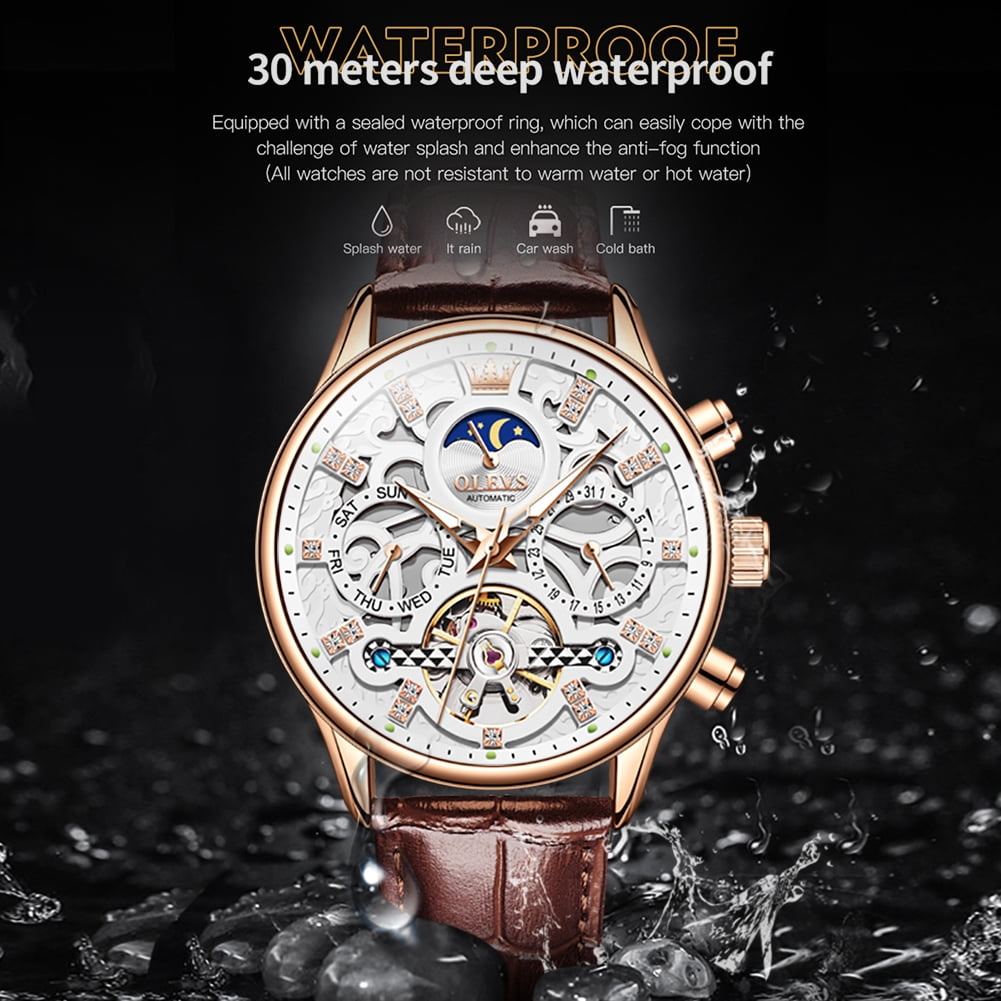 OLEVS Automatic Watches for Men Self Winding Mechanical Chronograph Skeleton Flywheel Luxury Dress Black Brown Leather Diamond Moon Phase Waterproof Luminous Mens Wrist Watches Reloj Para Hombre