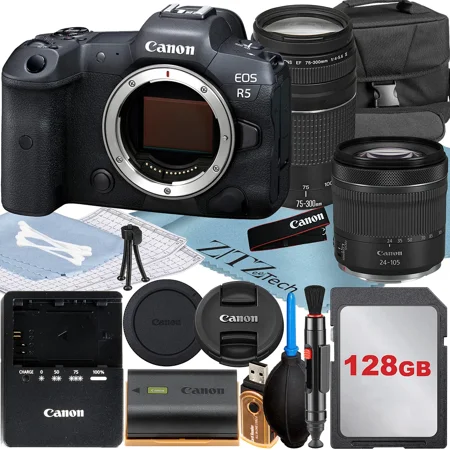 Canon EOS R5 Mirrorless Digital Camera with RF24-105mm STM + 75-300mm Lens + 128GB Card + Case + ZeeTech Accessory (International Version)