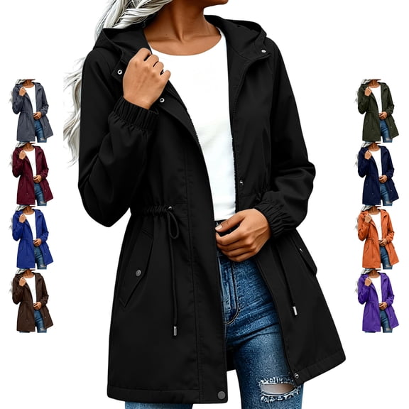 TGSLY Women's Waterproof Rain Jackets Drawstring Waist Ful Zip Up Snap Botton Windbreaker Outdoor Long Sleeve Solid Color Hooded Coat with Side Pockets S