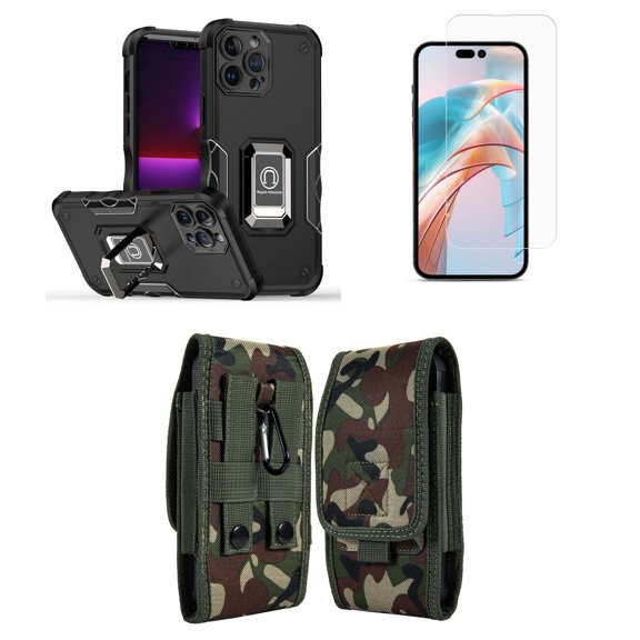 Bemz Phone Case for iPhone 15 with Camera Protection Heavy Duty Magnetic Kickstand Cover, Screen Protector, Vertical Nylon Belt Holster Pouch (Titanium Black/Jungle Camo)